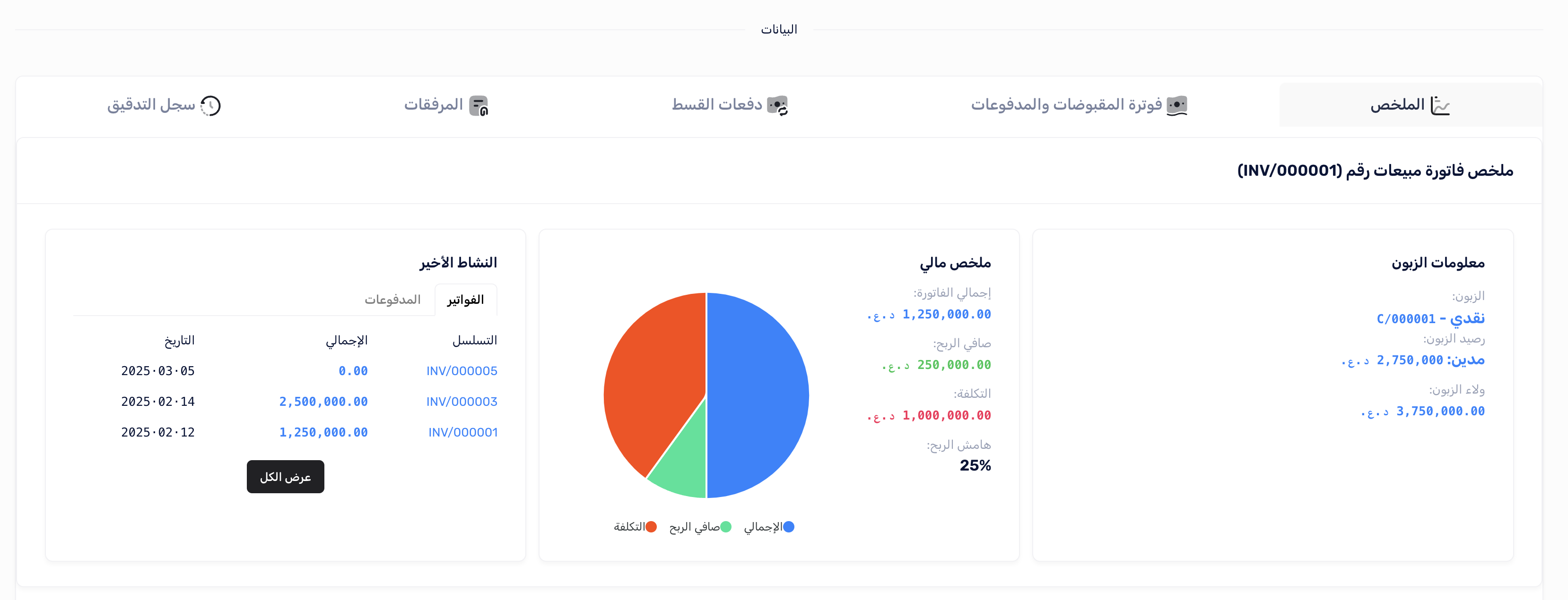 تبويبات صفحة الفاتورة